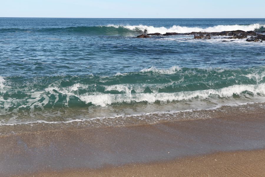 A glassy teal wave breaks onto wet sand under a clear sky